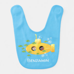 Cute yellow submarine fish cartoon illustration baby bib