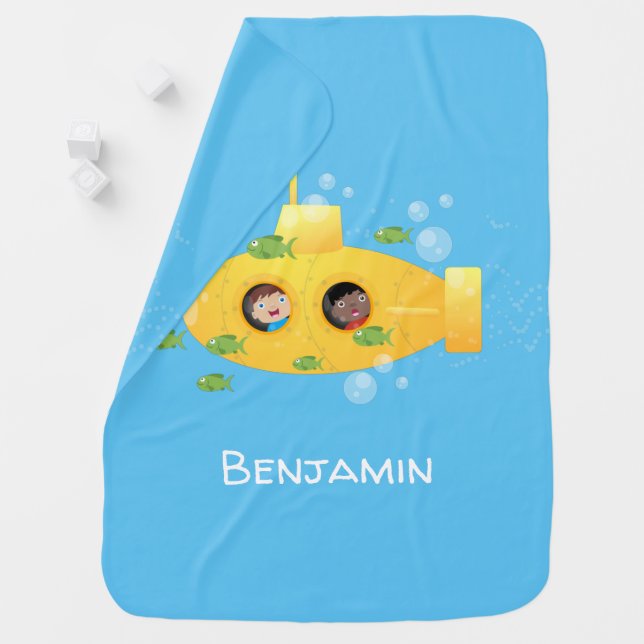 Cute yellow submarine fish cartoon illustration baby blanket (In Situ)