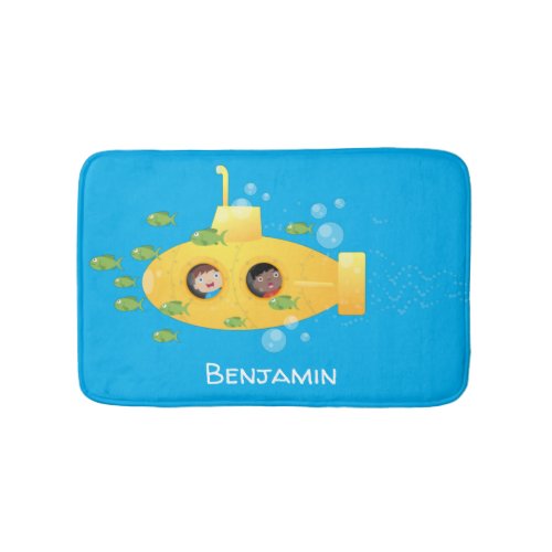 Cute yellow submarine fish cartoon illustration bath mat