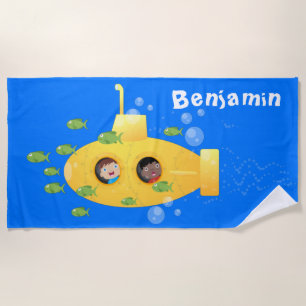 Cute yellow submarine fish cartoon illustration beach towel
