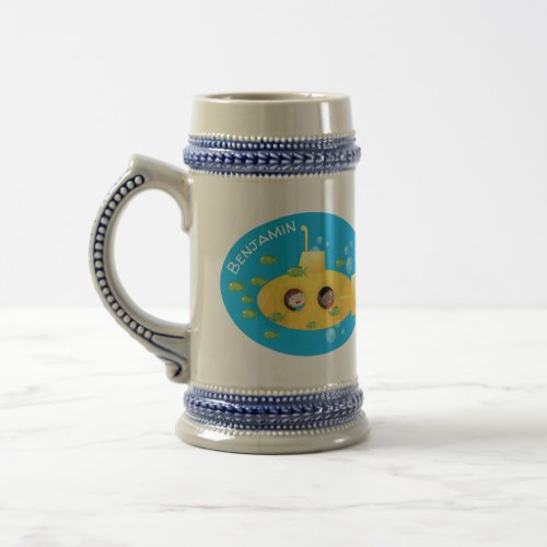 Cute yellow submarine fish cartoon illustration beer stein