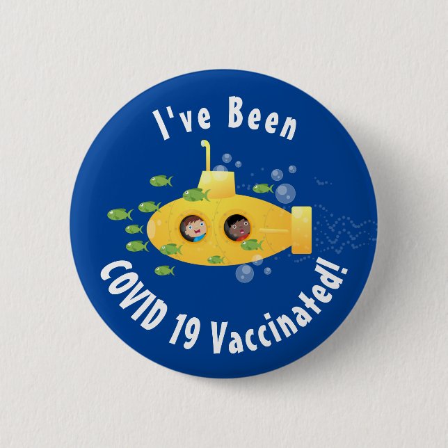 Cute yellow submarine fish cartoon illustration button (Front)