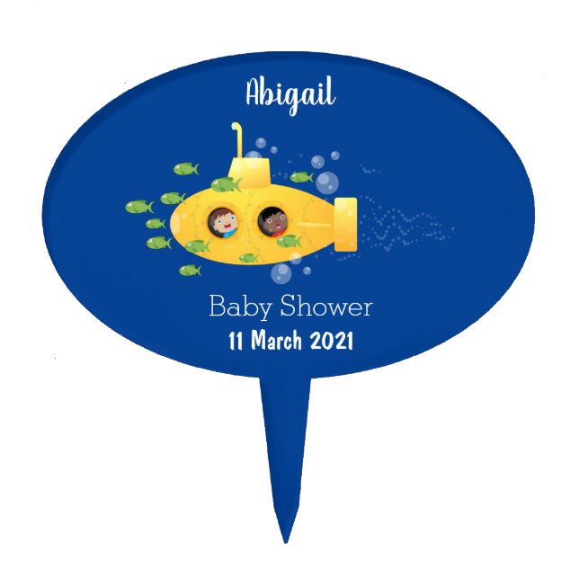 Cute yellow submarine fish cartoon illustration cake topper (Front)