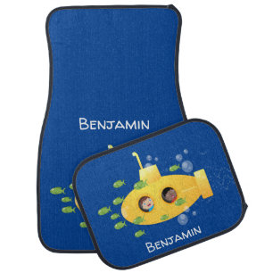 Cute yellow submarine fish cartoon illustration car floor mat
