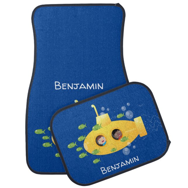 Cute yellow submarine fish cartoon illustration car floor mat (Set)