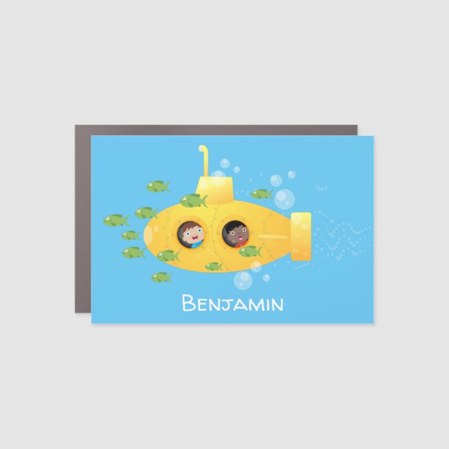 Cute yellow submarine fish cartoon illustration car magnet (Front)