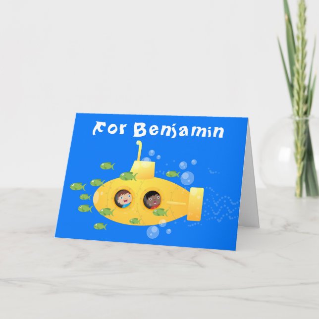 Cute yellow submarine fish cartoon illustration card (Front)
