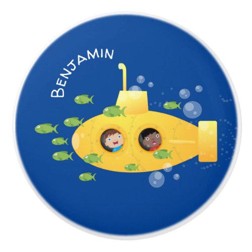 Cute yellow submarine fish cartoon illustration ceramic knob