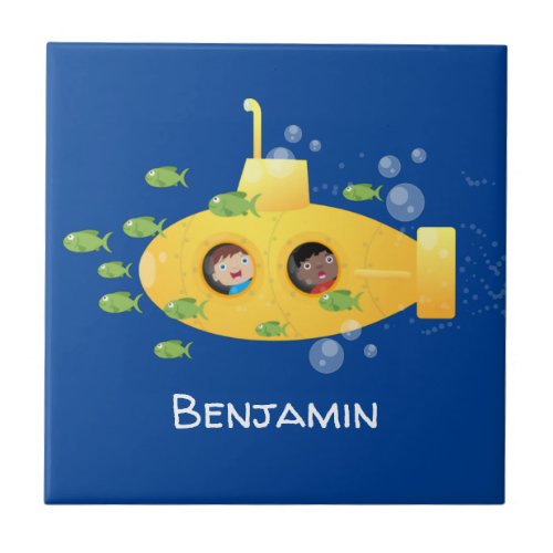 Cute yellow submarine fish cartoon illustration ceramic tile