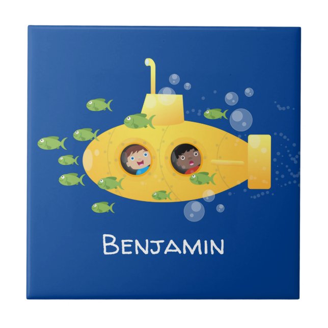 Cute yellow submarine fish cartoon illustration ceramic tile (Front)