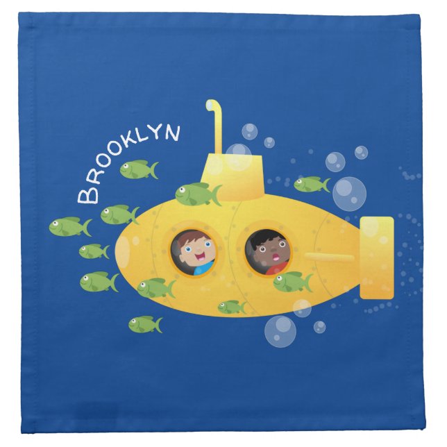 Cute yellow submarine fish cartoon illustration cloth napkin (Front)