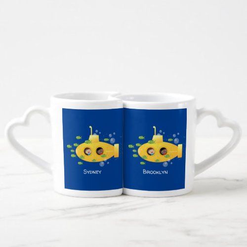 Cute yellow submarine fish cartoon illustration coffee mug set