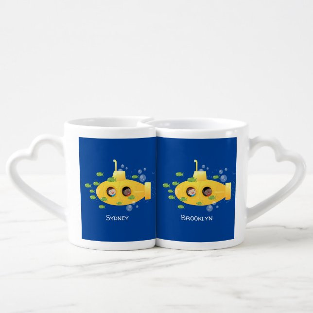 Cute yellow submarine fish cartoon illustration coffee mug set (Back Nesting)