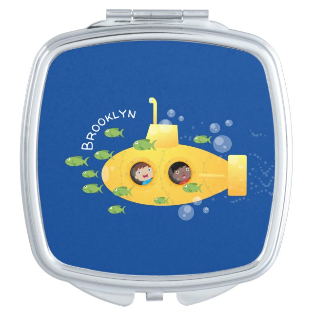 Cute yellow submarine fish cartoon illustration compact mirror (Front)