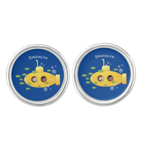 Cute yellow submarine fish cartoon illustration cufflinks