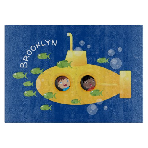 Cute yellow submarine fish cartoon illustration cutting board