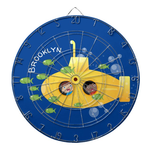 Cute yellow submarine fish cartoon illustration dart board (Front)