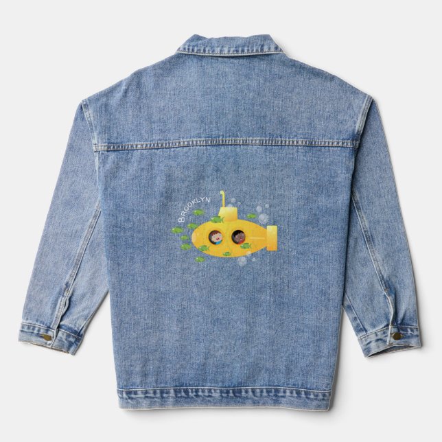 Cute yellow submarine fish cartoon illustration denim jacket (Back)