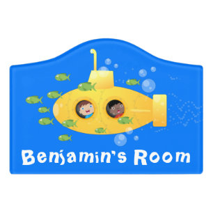 Cute yellow submarine fish cartoon illustration door sign