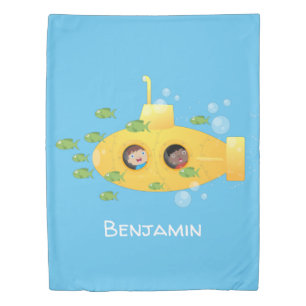 Cute yellow submarine fish cartoon illustration duvet cover