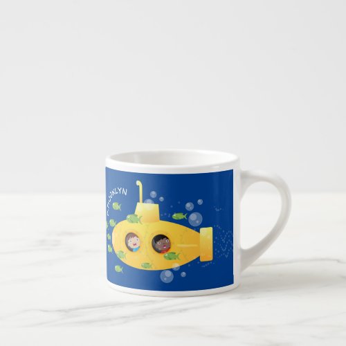 Cute yellow submarine fish cartoon illustration espresso cup