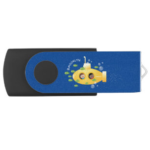 Cute yellow submarine fish cartoon illustration flash drive
