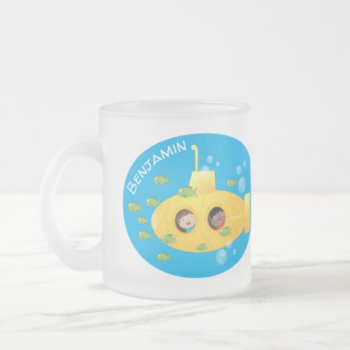 Cute yellow submarine fish cartoon illustration frosted glass coffee mug