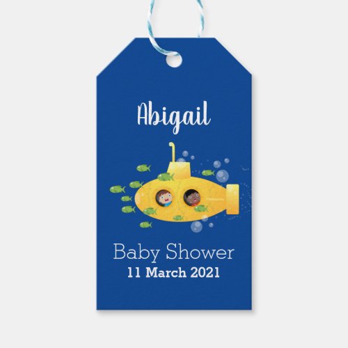 Cute yellow submarine fish cartoon illustration  gift tags