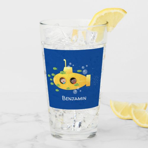 Cute yellow submarine fish cartoon illustration glass