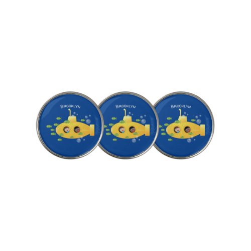 Cute yellow submarine fish cartoon illustration golf ball marker