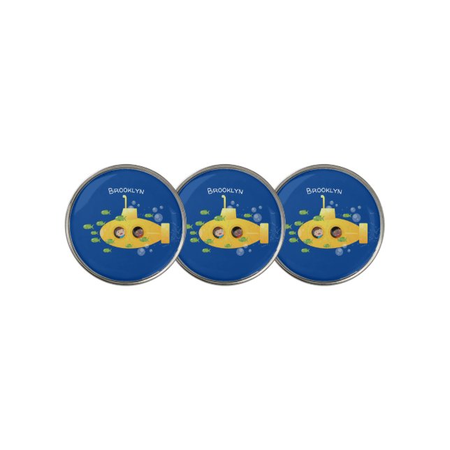 Cute yellow submarine fish cartoon illustration golf ball marker (3 Up)