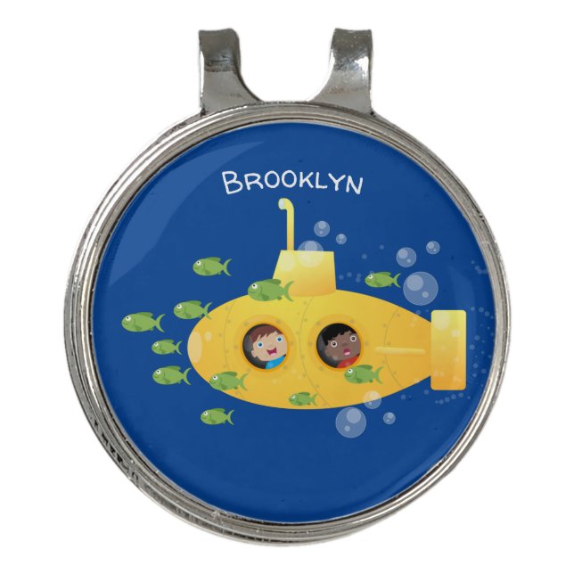 Cute yellow submarine fish cartoon illustration golf hat clip (Front)