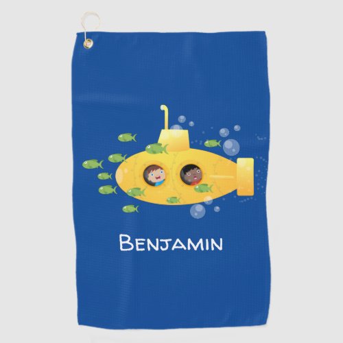 Cute yellow submarine fish cartoon illustration  golf towel