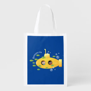 Cute yellow submarine fish cartoon illustration grocery bag