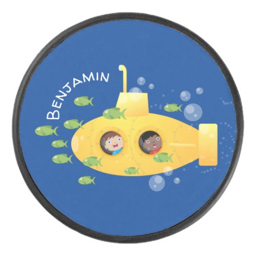 Cute yellow submarine fish cartoon illustration hockey puck