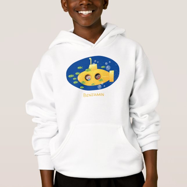 Cute yellow submarine fish cartoon illustration hoodie (Front)