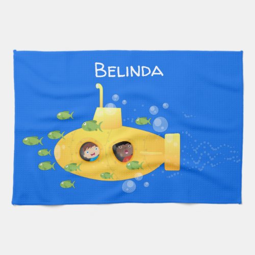 Cute yellow submarine fish cartoon illustration kitchen towel