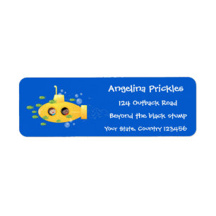 Cute yellow submarine fish cartoon illustration label