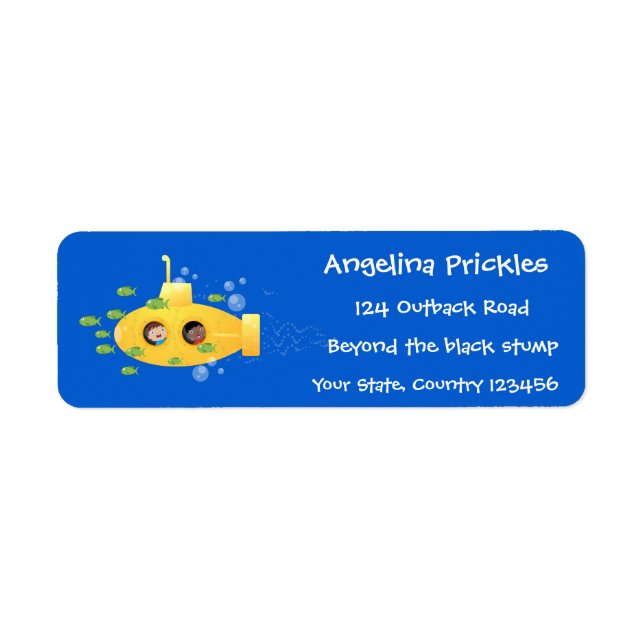 Cute yellow submarine fish cartoon illustration label (Front)