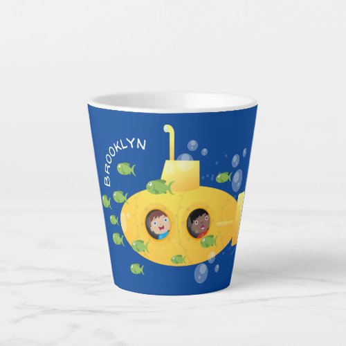 Cute yellow submarine fish cartoon illustration latte mug