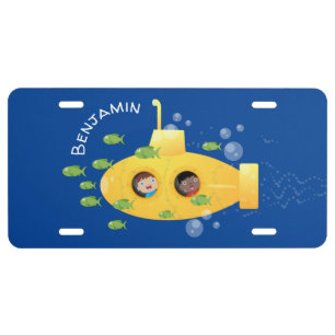 Cute yellow submarine fish cartoon illustration license plate