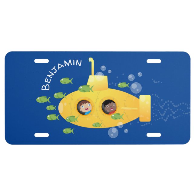 Cute yellow submarine fish cartoon illustration license plate (Front)