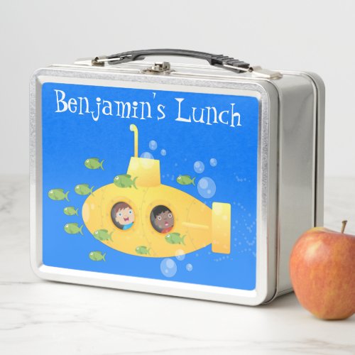 Cute yellow submarine fish cartoon illustration metal lunch box