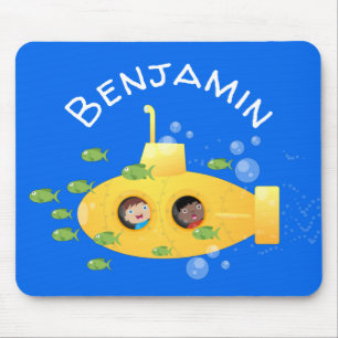 Cute yellow submarine fish cartoon illustration mouse pad