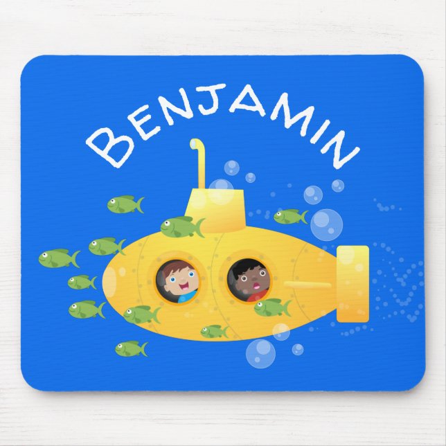 Cute yellow submarine fish cartoon illustration mouse pad (Front)