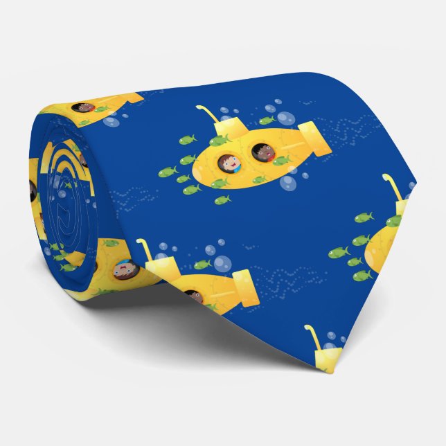 Cute yellow submarine fish cartoon illustration neck tie (Rolled)
