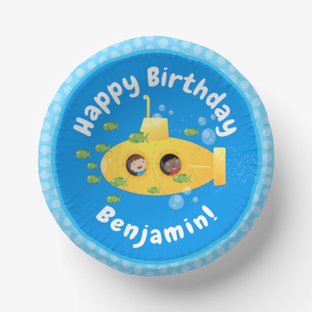 Cute yellow submarine fish cartoon illustration paper bowls (Front)