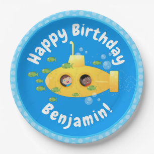 Cute yellow submarine fish cartoon illustration paper plates