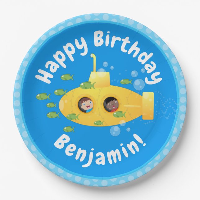 Cute yellow submarine fish cartoon illustration paper plates (Front)