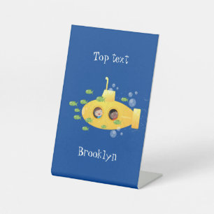 Cute yellow submarine fish cartoon illustration pedestal sign
